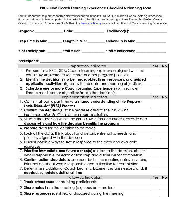PBC-DIDM Coach Learning Experience Planning Form