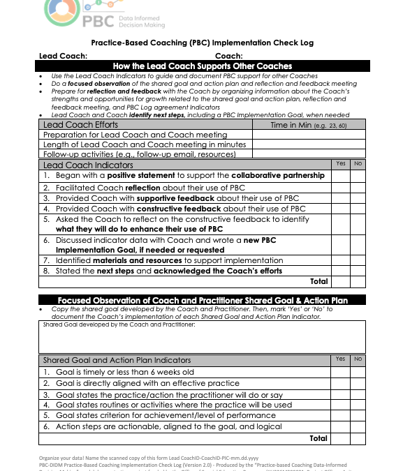 PBC-DIDM PBC Implementation Check Log